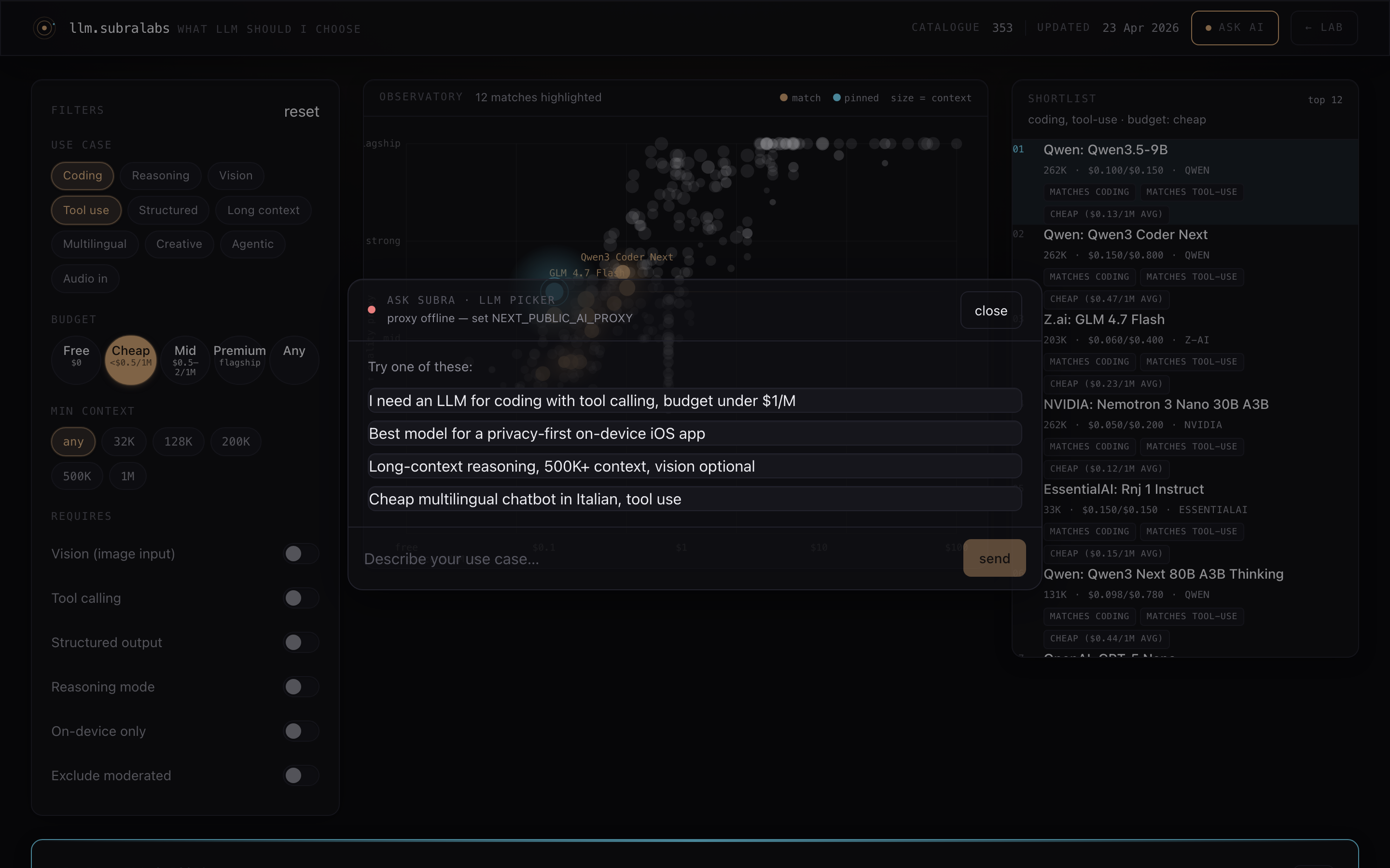 Chat drawer open with four use-case suggestions pre-populated and a status dot indicating the proxy is online.