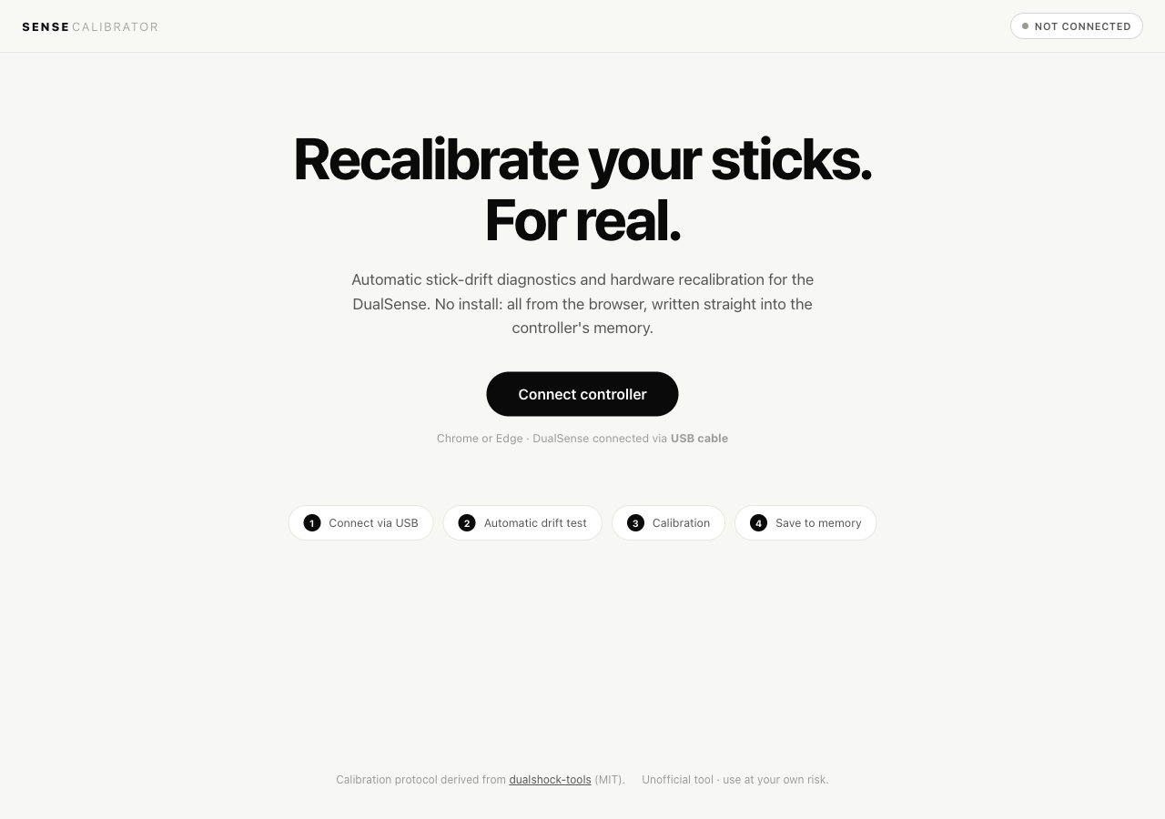 Sense Calibrator landing page: a single connect-the-controller action with a four-step outline of the drift test and calibration flow.