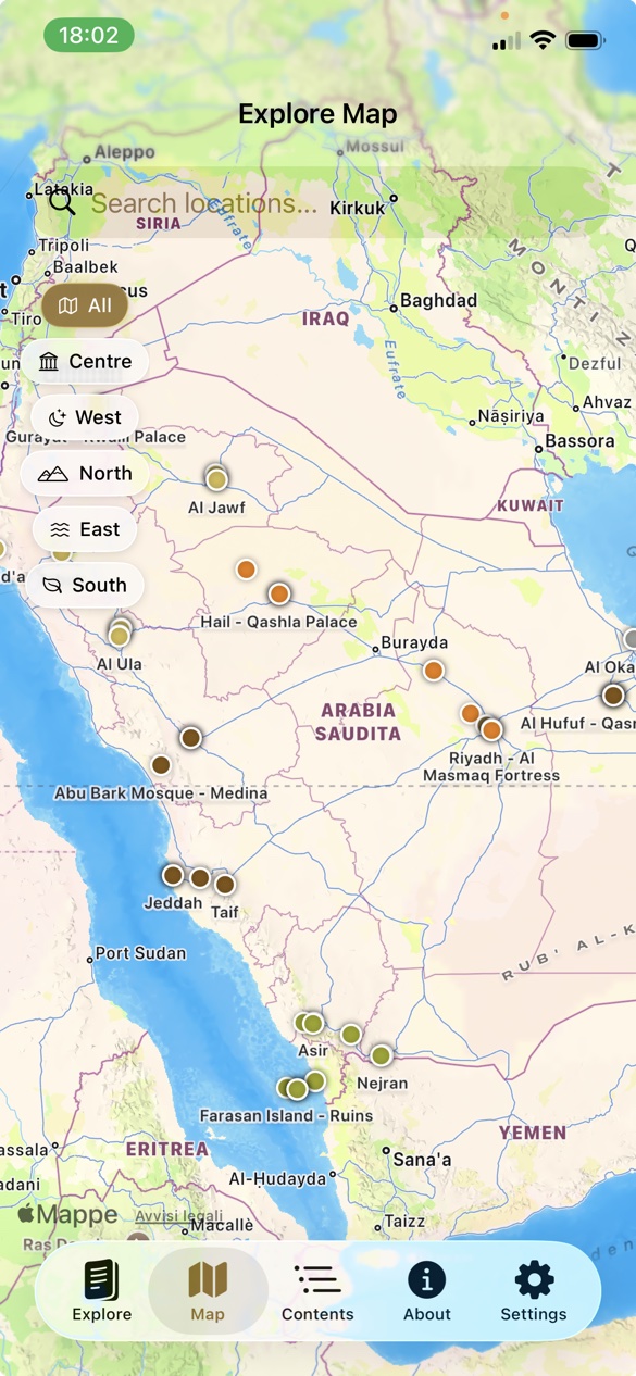 Interactive map showing all architectural sites across Saudi Arabia