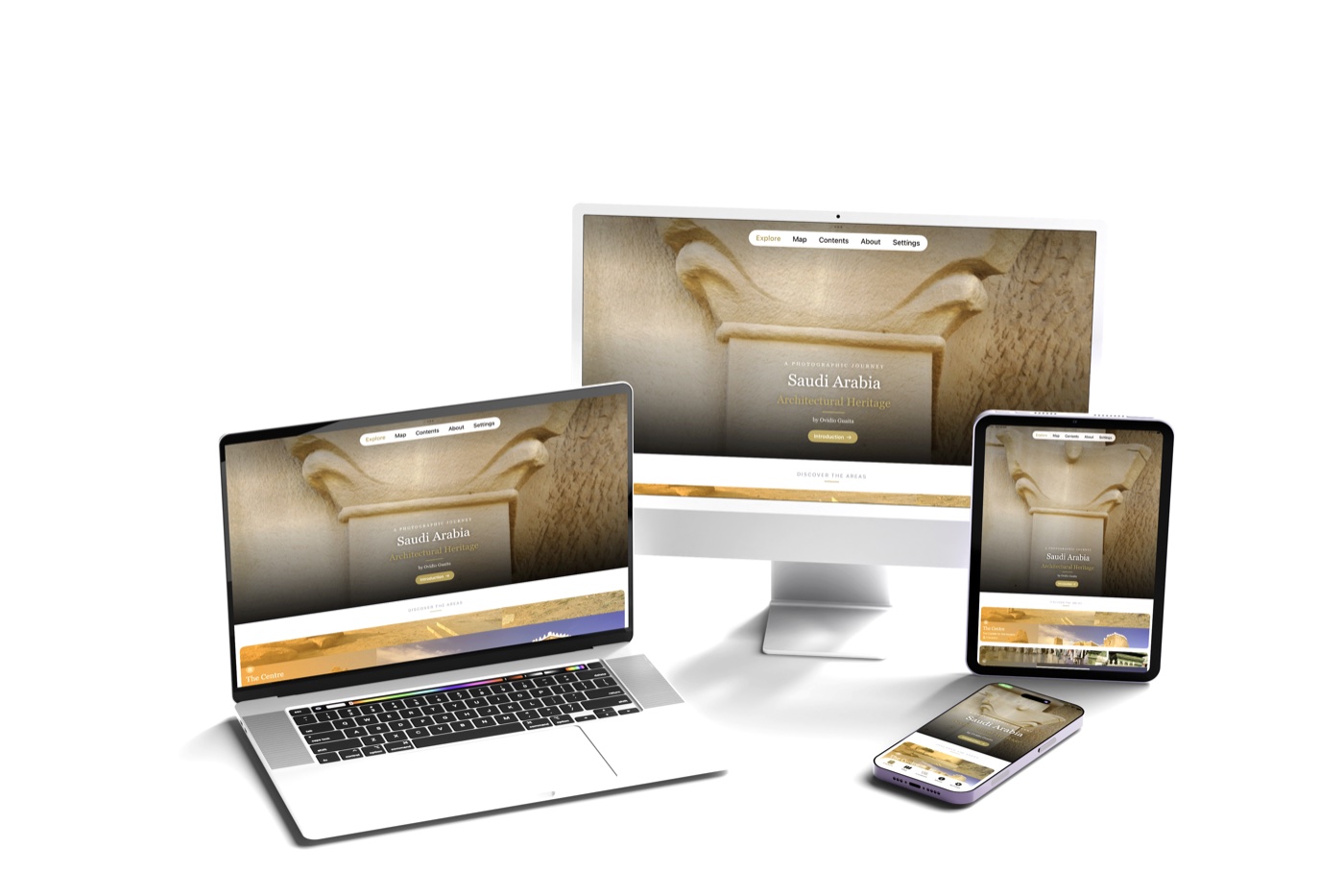 Saudi Atlas app shown on iPhone, iPad, laptop and desktop
