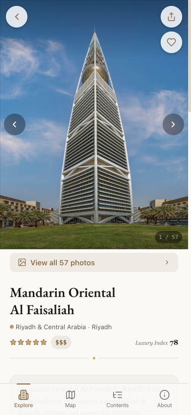 Saudi Resorts — hotel detail with photo gallery and luxury index