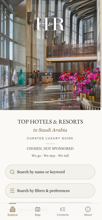 Saudi Resorts — home screen with the curated luxury guide